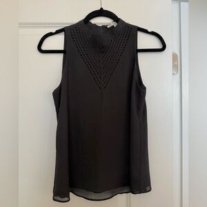 Womens Small Sleeveless Black Chiffon Top w/ High Neckline & Front Design Detail